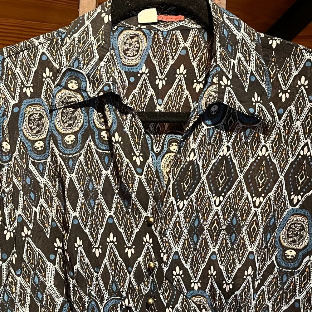 Y2K Semi Sheer Blue Black Long Sleeve V-Neck Career Layer Blouse Top Ruffle